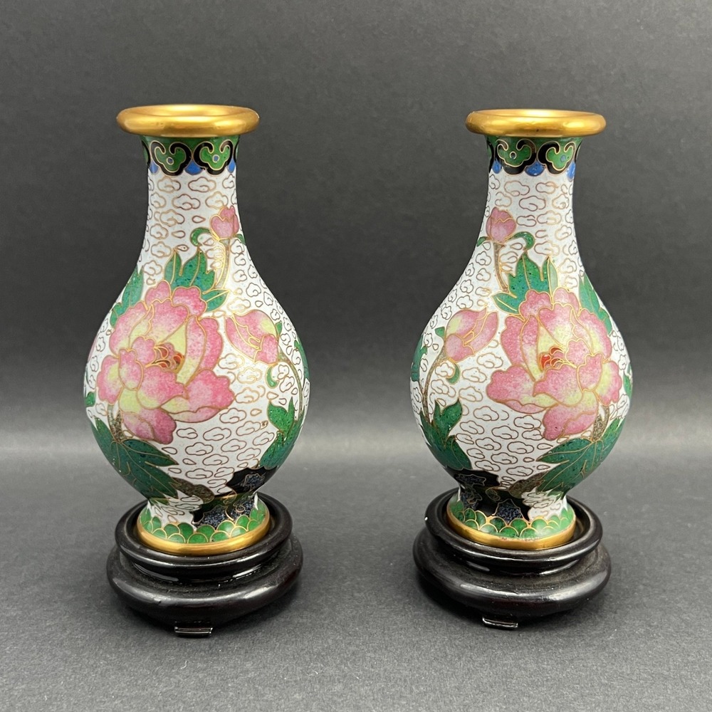 Vintage Cloisonne Vases White Floral Pink Peony Wood Stands Pair 4"